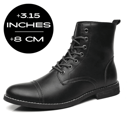 FORCIANO OUTLAW black leather elevator boot shown from a front three-quarter angle with an 8 cm / 3.15" height increase graphic.