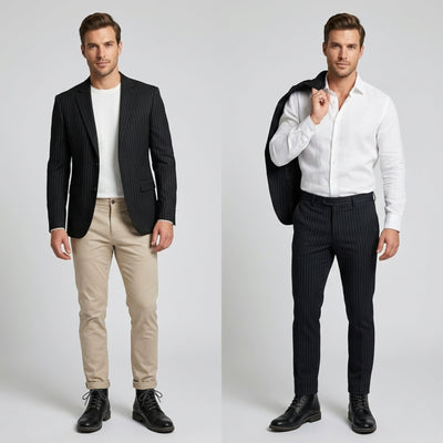 FORCIANO OUTLAW black leather elevator boots worn with smart casual and formal men's outfits in full-body lifestyle views.