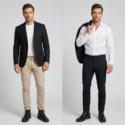 FORCIANO OUTLAW black leather elevator boots worn with smart casual and formal men's outfits in full-body lifestyle views.