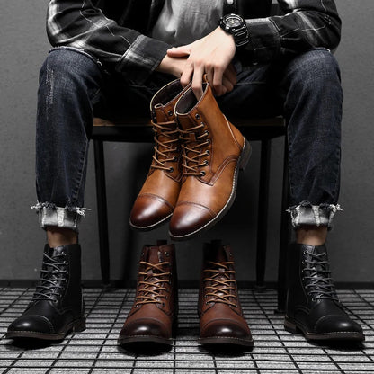FORCIANO OUTLAW brown and black leather elevator boots displayed in a men's lifestyle scene with multiple color options and lace-up styling.