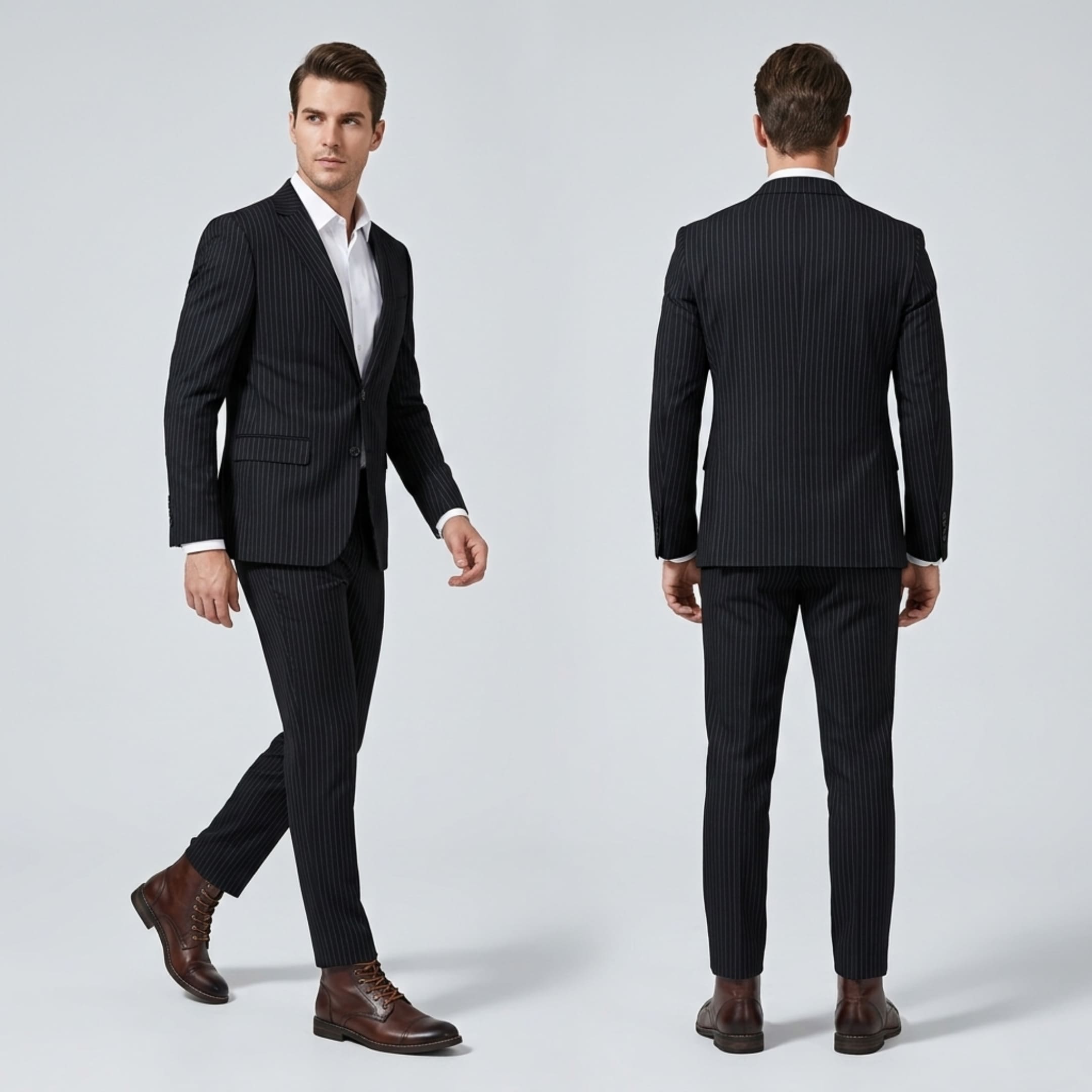 FORCIANO OUTLAW brown leather height increasing boots styled with a black pinstripe suit, shown in front and rear views for a smart formal look.