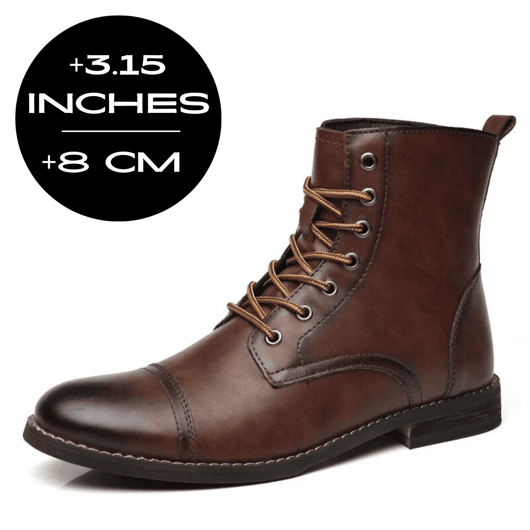 FORCIANO OUTLAW dark brown leather elevator boot shown from a front three-quarter angle with an 8 cm / 3.15" height increase graphic.