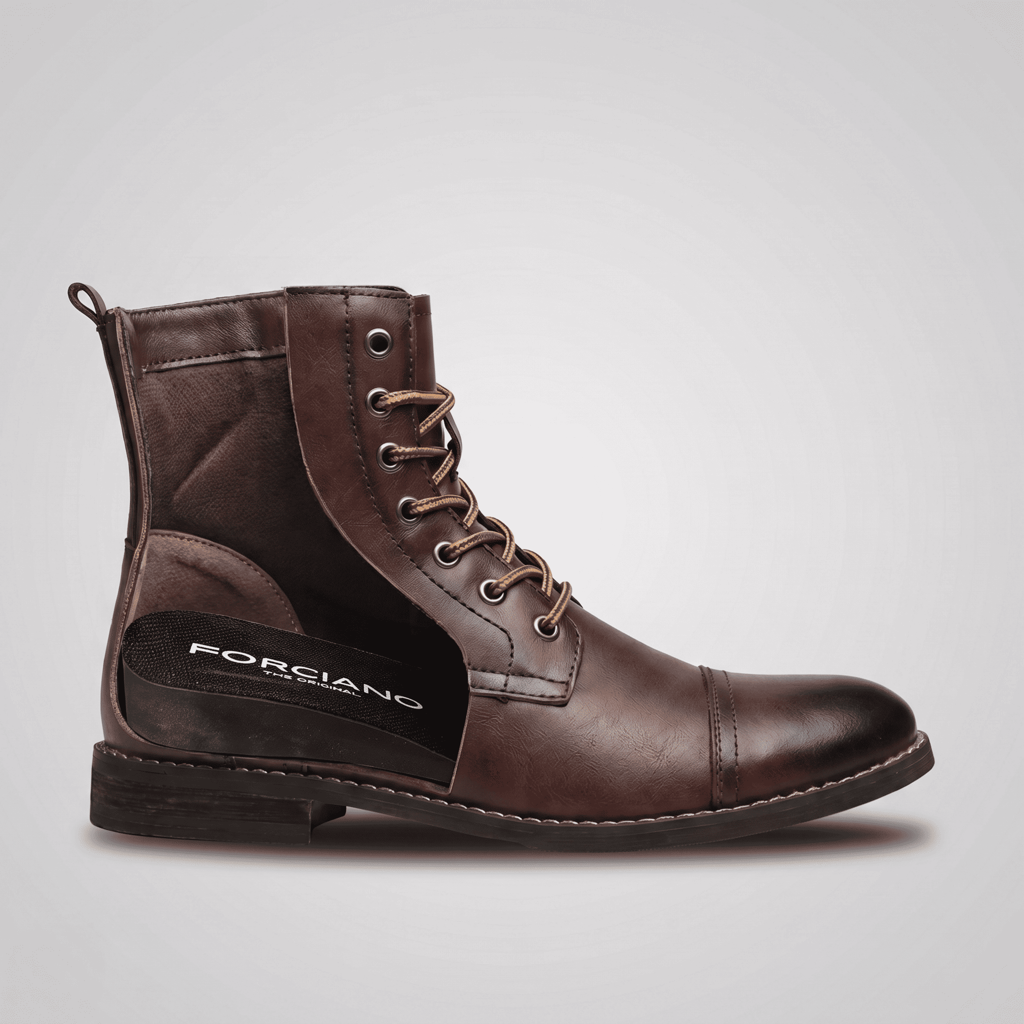 FORCIANO OUTLAW dark brown leather elevator boot shown in a cutaway side view with the internal lift visible for an 8 cm / 3.15" height increase.