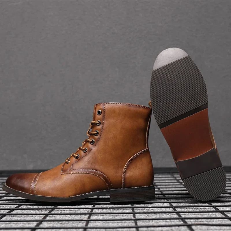 FORCIANO OUTLAW light brown leather elevator boot shown from the side alongside a detailed outsole view with textured tread.