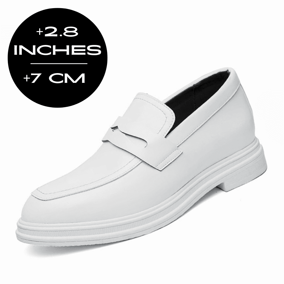 FORCIANO PANTHERA white leather elevator loafers shown as a single front three-quarter shoe with a 7 cm / 2.8 inches height graphic.