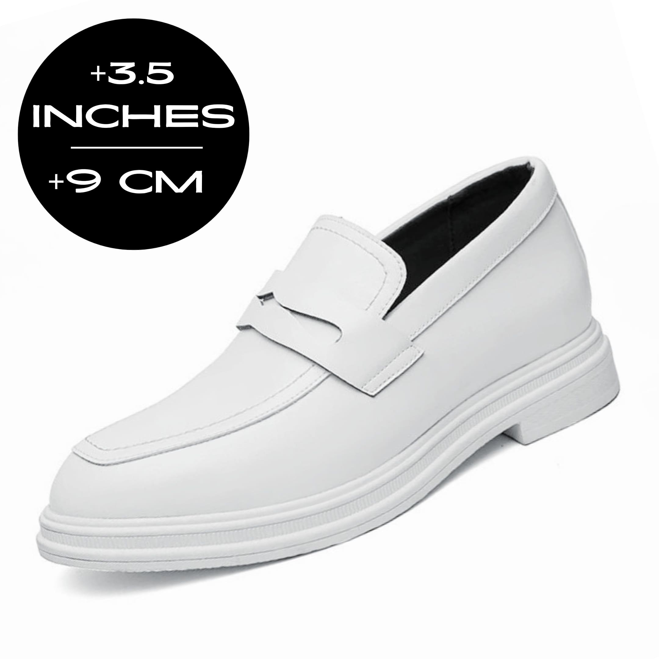 FORCIANO PANTHERA white leather elevator loafers shown as a single front three-quarter shoe with a 9 cm / 3.5 inches height graphic.