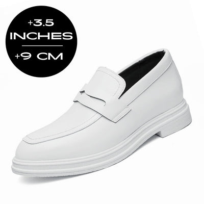 FORCIANO PANTHERA white leather elevator loafers shown as a single front three-quarter shoe with a 9 cm / 3.5 inches height graphic.