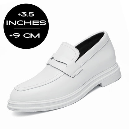 FORCIANO PANTHERA white leather elevator loafers shown as a single front three-quarter shoe with a 9 cm / 3.5 inches height graphic.