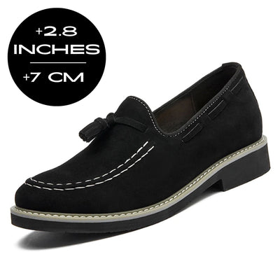 FORCIANO PARAGON Height Increasing Loafers in Black with leather upper, front-angle product view showing the 2.8 inches / 7 cm height graphic.