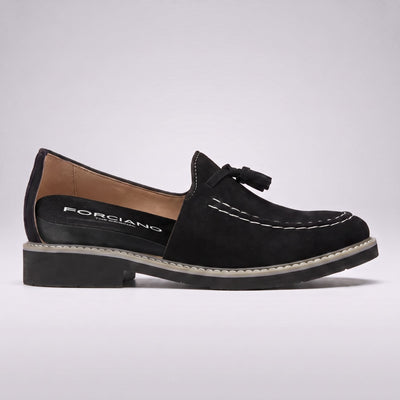 FORCIANO PARAGON Height Increasing Loafers in Black with leather upper, shown in side profile with a cutaway revealing the internal height lift.