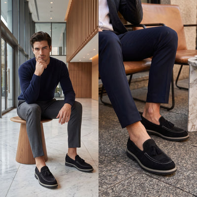 FORCIANO PARAGON Height Increasing Loafers in Black with leather upper, worn by a seated man in a smart casual indoor lifestyle setting.