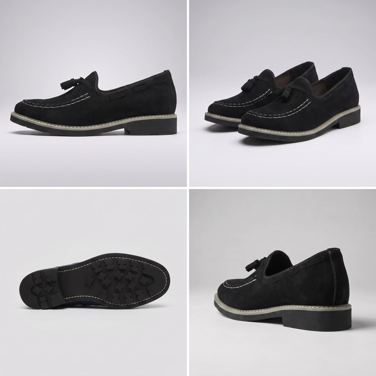 FORCIANO PARAGON Height Increasing Loafers in Black with leather upper, shown in a multi-view layout with side, pair, outsole and rear angles.