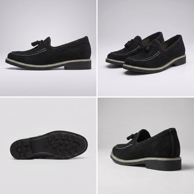 FORCIANO PARAGON Height Increasing Loafers in Black with leather upper, shown in a multi-view layout with side, pair, outsole and rear angles.