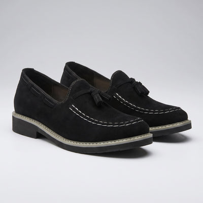 FORCIANO PARAGON Height Increasing Loafers in Black with leather upper, shown as a pair from a front three-quarter angle with tassel detail.
