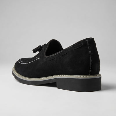 FORCIANO PARAGON Height Increasing Loafers in Black with leather upper, shown from a rear three-quarter angle highlighting the heel and side stitching.