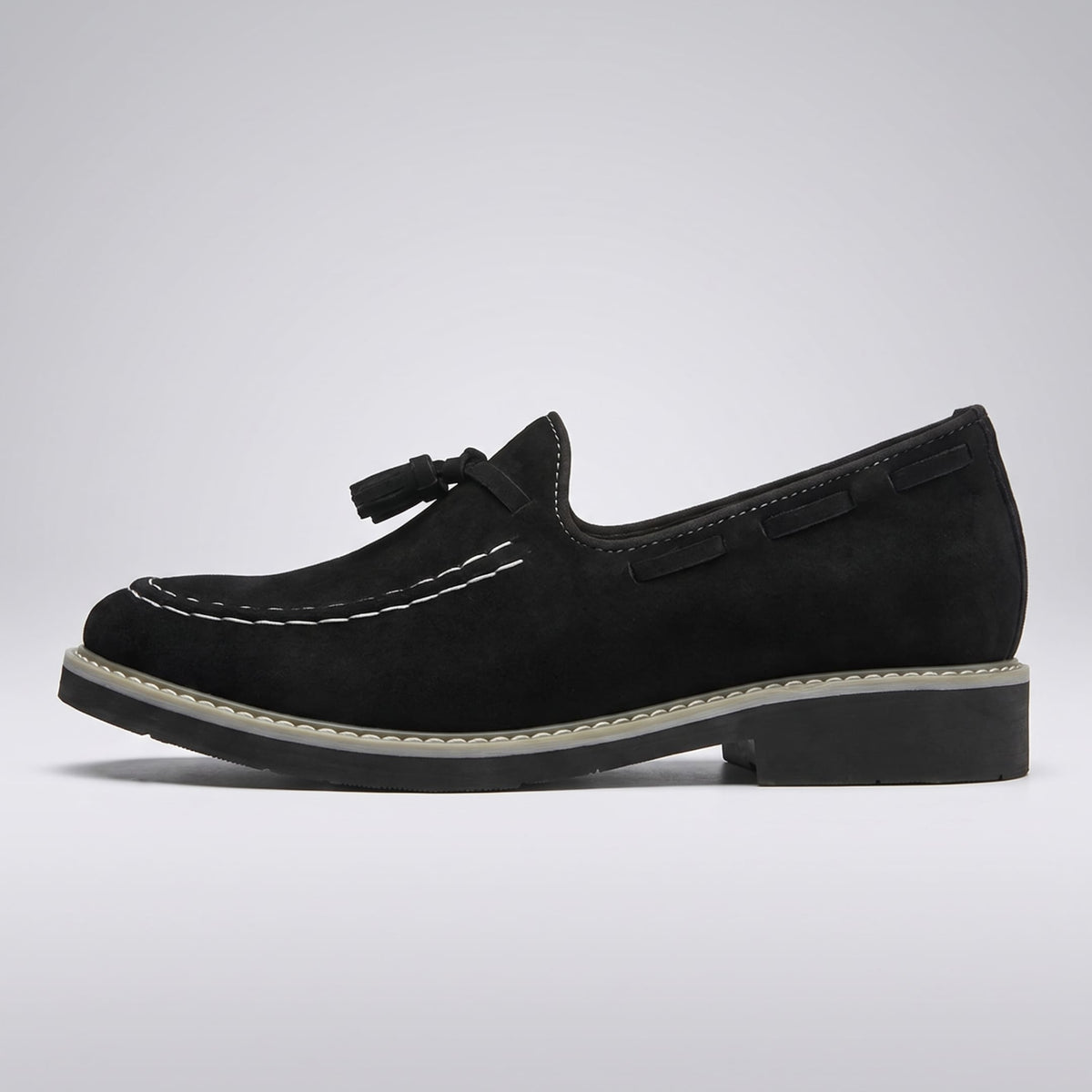 FORCIANO PARAGON Height Increasing Loafers in Black with leather upper, shown in a full side profile with tassel and stitched detailing.