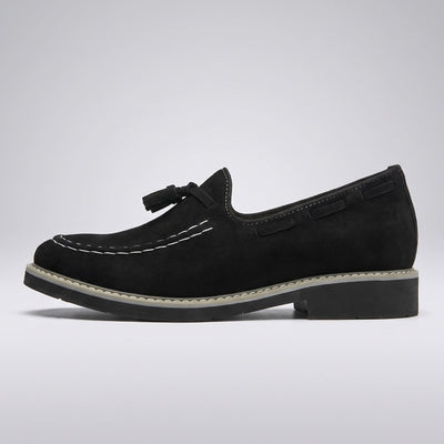 FORCIANO PARAGON Height Increasing Loafers in Black with leather upper, shown in a full side profile with tassel and stitched detailing.