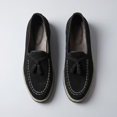 FORCIANO PARAGON Height Increasing Loafers in Black with leather upper, pair shown from the top view with tassels and contrast stitching.