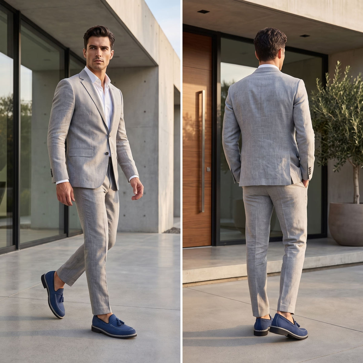 FORCIANO PARAGON Height Increasing Loafers in Blue with leather upper, worn with a light gray suit in a formal lifestyle scene.