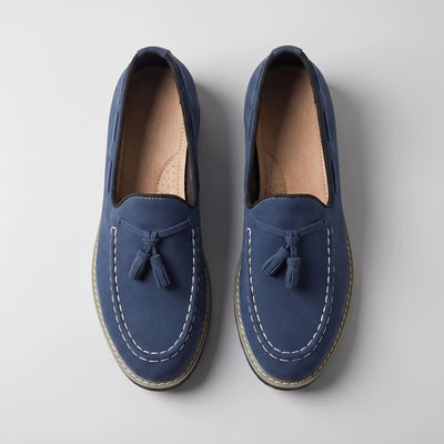 FORCIANO PARAGON Height Increasing Loafers in Blue with leather upper, pair displayed from the top view with tassel details.