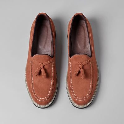 FORCIANO PARAGON Height Increasing Loafers in Brown with leather upper, pair shown from the top view with tassel and contrast stitch details.