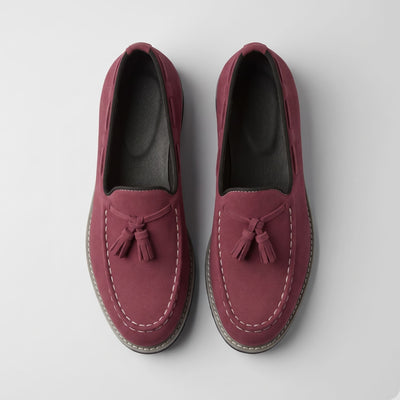 FORCIANO PARAGON Height Increasing Loafers in Red with leather upper, pair shown from above with tassels and stitched toe detailing.