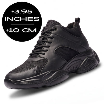 FORCIANO PEGASUS black height increasing sneakers shown with a 10 cm / 3.95" height increase graphic.