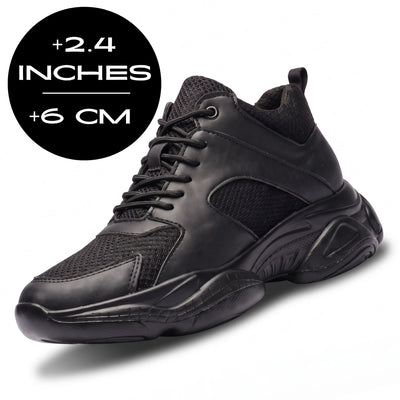 FORCIANO PEGASUS black height increasing sneakers shown with a 6 cm / 2.4" height increase graphic.