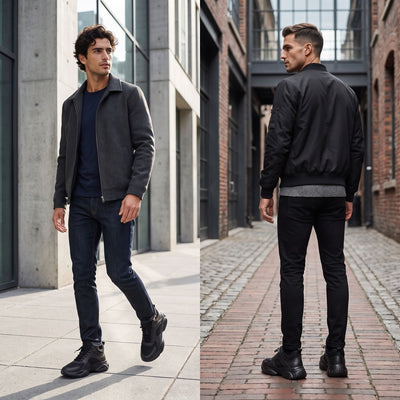 FORCIANO PEGASUS black height increasing sneakers worn in front walking and rear lifestyle views.