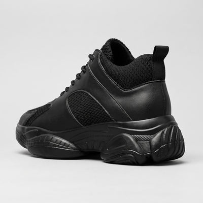 FORCIANO PEGASUS black height increasing sneakers shown from the rear three-quarter view with heel and pull tab detail.