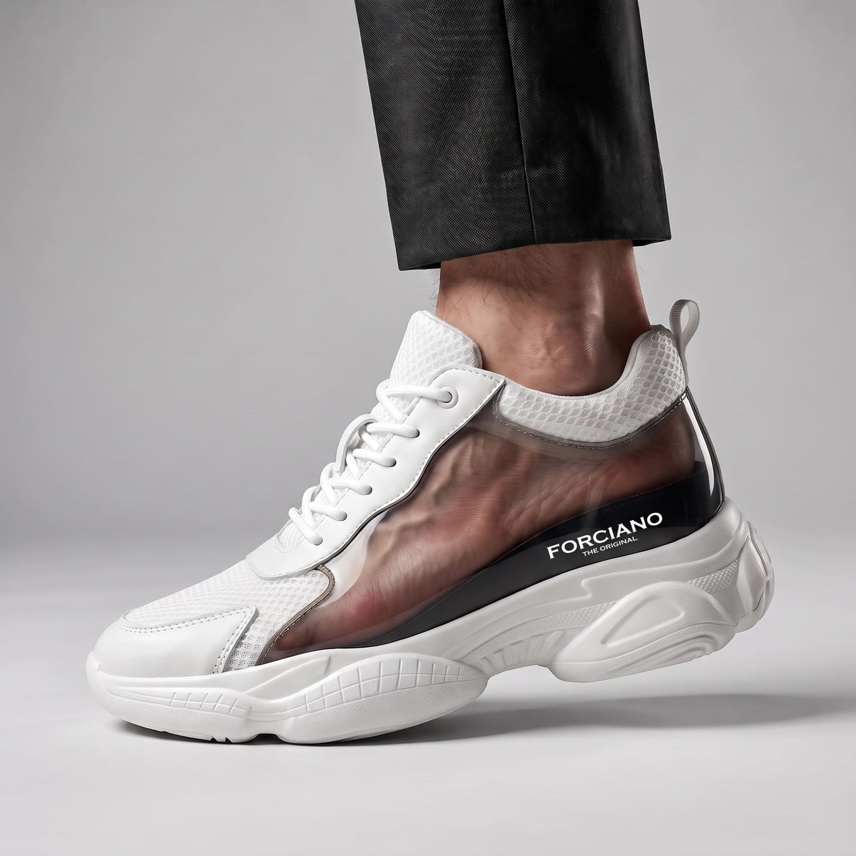 FORCIANO PEGASUS white height increasing sneakers shown worn in side cutaway view with the internal lift visible.