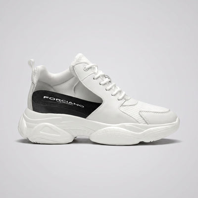 FORCIANO PEGASUS white height increasing sneakers shown in side cutaway view revealing the internal lift structure.