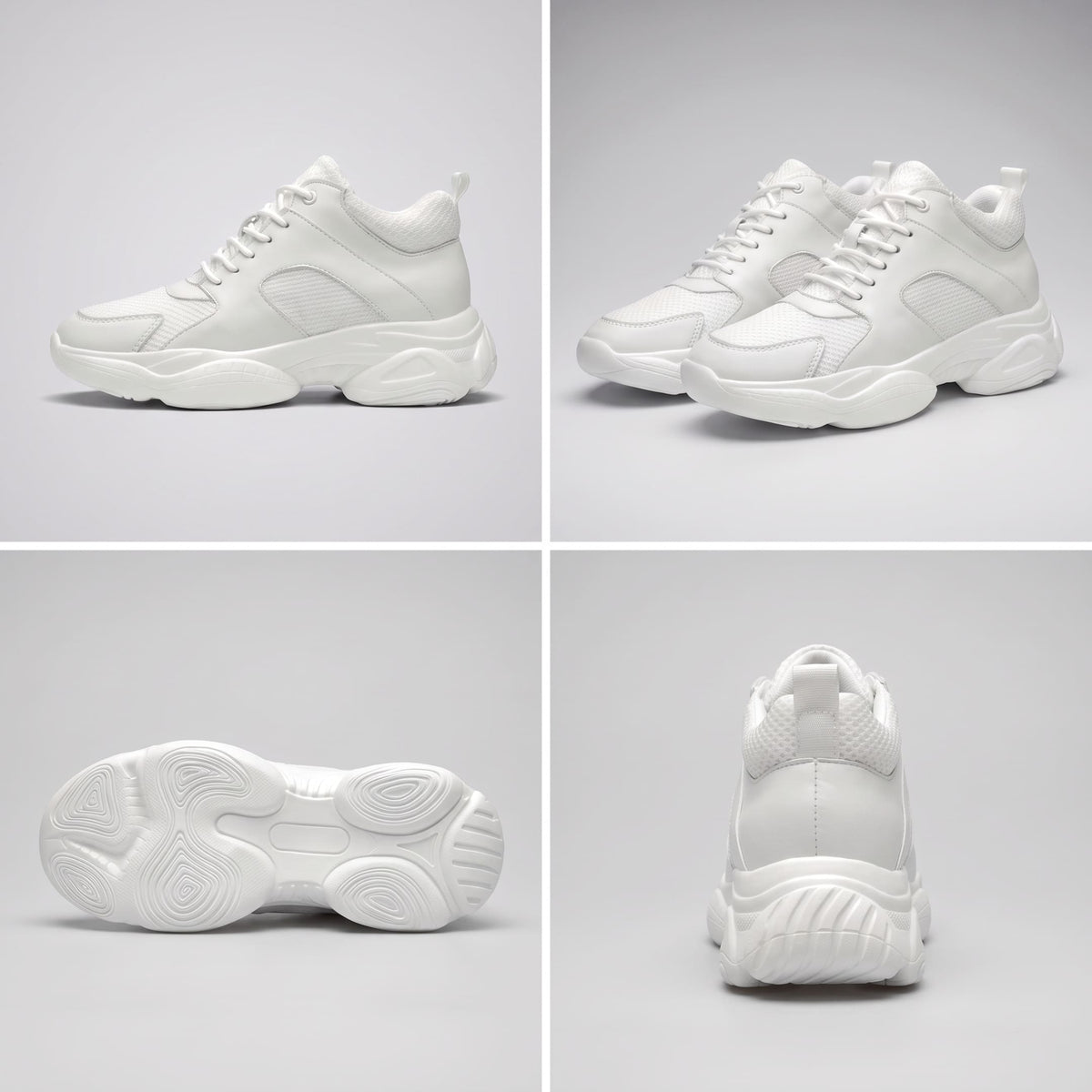 FORCIANO PEGASUS white height increasing sneakers shown in a multi-view collage with side, pair, outsole and rear views.