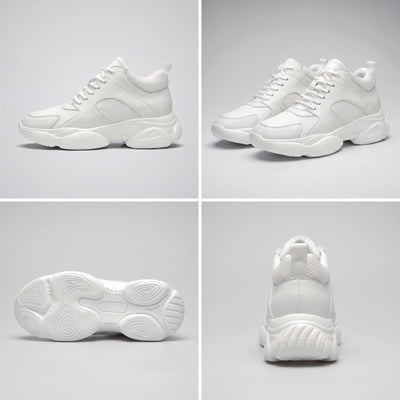 FORCIANO PEGASUS white height increasing sneakers shown in a multi-view collage with side, pair, outsole and rear views.