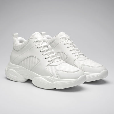 FORCIANO PEGASUS white height increasing sneakers shown as a pair from a front three-quarter angle.