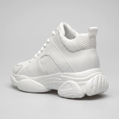 FORCIANO PEGASUS white height increasing sneakers shown from a rear three-quarter angle with heel and pull tab visible.