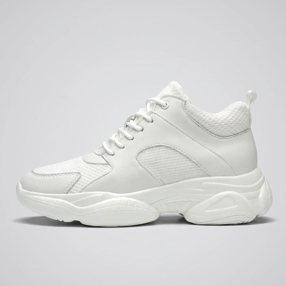 FORCIANO PEGASUS white height increasing sneakers shown in a clean side profile with lace-up and mesh detailing.