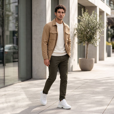 FORCIANO PEGASUS white height increasing sneakers worn by a model walking in an outdoor lifestyle setting.