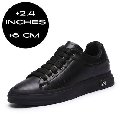 FORCIANO PORTOFINO black Elevator Sneaker with premium leather upper displayed with an up to 6 cm / 2.4" height increase graphic.