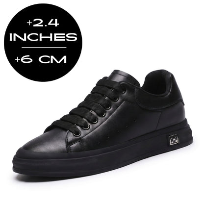 FORCIANO PORTOFINO black Elevator Sneaker with premium leather upper displayed with an up to 6 cm / 2.4" height increase graphic.