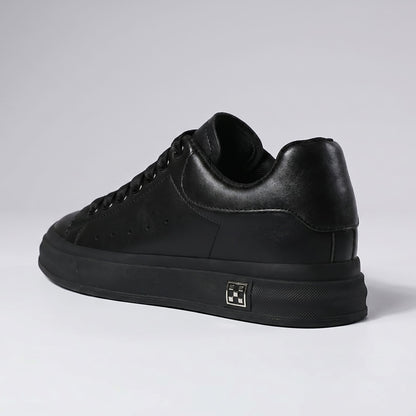 FORCIANO PORTOFINO black Elevator Sneaker with a premium leather upper, shown from a rear three-quarter side angle with the black sole visible.