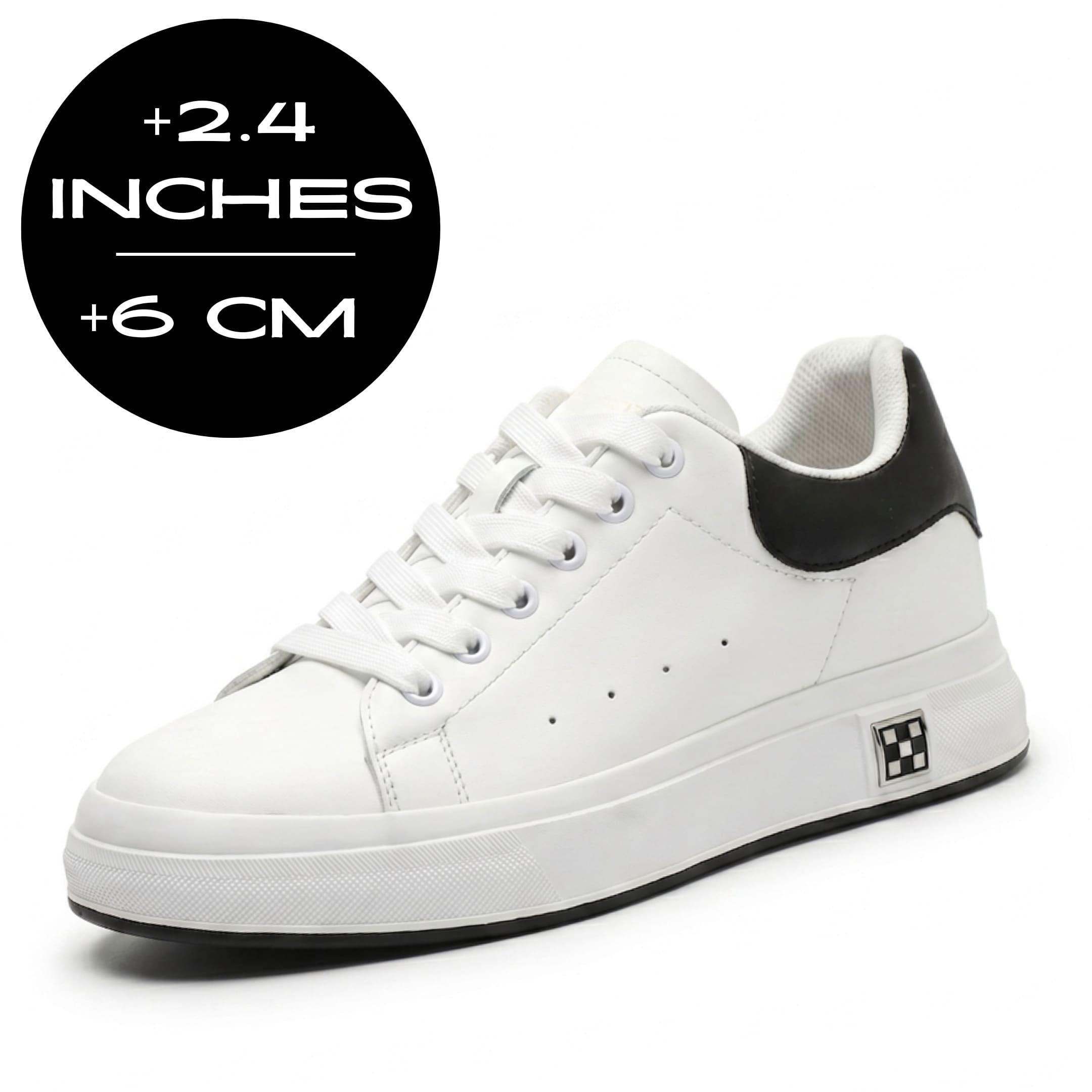 FORCIANO PORTOFINO white Elevator Sneaker with premium leather upper shown beside an up to 6 cm / 2.4" height increase graphic.