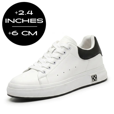 FORCIANO PORTOFINO white Elevator Sneaker with premium leather upper shown beside an up to 6 cm / 2.4" height increase graphic.