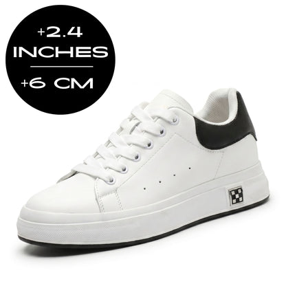 FORCIANO PORTOFINO white Elevator Sneaker with premium leather upper shown beside an up to 6 cm / 2.4" height increase graphic.