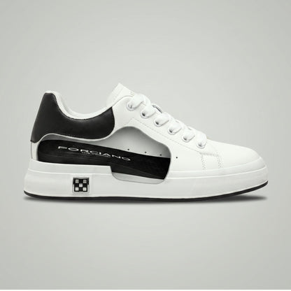 FORCIANO PORTOFINO white Elevator Sneaker in side cutaway view, revealing the internal lift beneath the premium leather upper for up to 6 cm / 2.4" height increase.