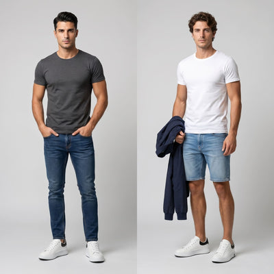 FORCIANO PORTOFINO white leather sneakers with black heel panels worn by two male models in casual full-body lifestyle views.