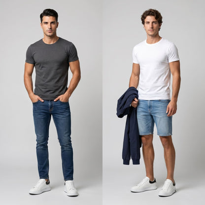 FORCIANO PORTOFINO white leather sneakers with black heel panels worn by two male models in casual full-body lifestyle views.