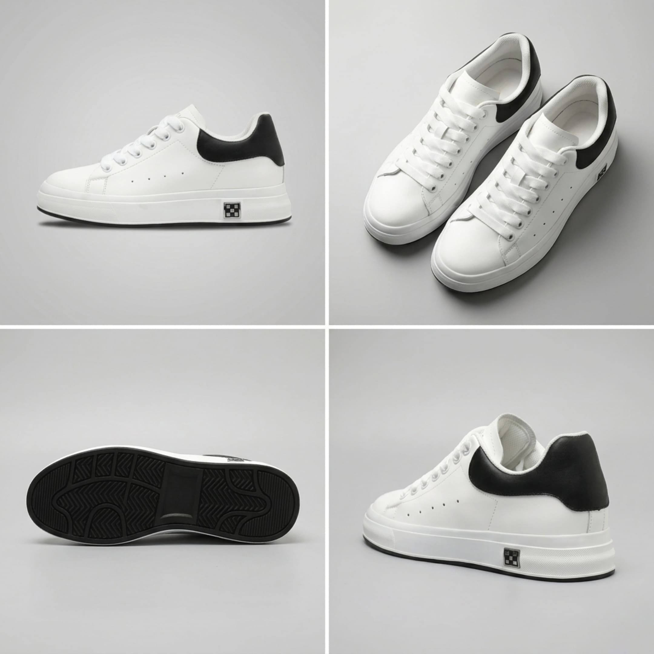 FORCIANO PORTOFINO white leather sneakers in a four-view collage showing side profile, pair angle, black outsole and rear three-quarter view.