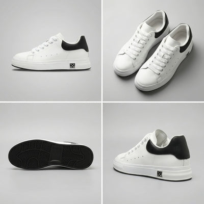 FORCIANO PORTOFINO white leather sneakers in a four-view collage showing side profile, pair angle, black outsole and rear three-quarter view.