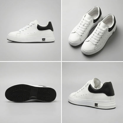 FORCIANO PORTOFINO white leather sneakers in a four-view collage showing side profile, pair angle, black outsole and rear three-quarter view.